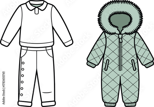 Baby dress onesie, quilted snowsuit, fur hood, snap closures, winter outfit, fashion cad drawing, vector apparel illustration, cad drawing flat vector illustration