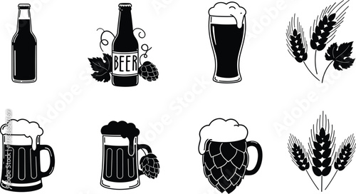 Beer brewing icons, hops and barley illustration, foam mug vector, beer bottle design, craft beverage artwork, brewing process symbols, alcohol drink 