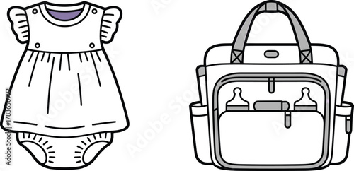 Baby dress, diaper bag, infant essentials, fashion flat sketch, technical drawing, apparel design, vector illustration, garment CAD