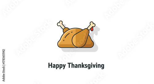 Stylized illustration of a roasted thanksgiving turkey with a dripping sauce and the text happy thanksgiving below