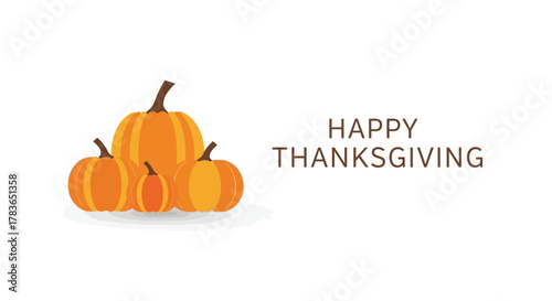 Happy thanksgiving greeting with a cluster of orange pumpkins on a white background with copy space