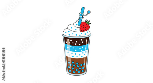 Colorful layered boba tea with whipped cream, strawberry, and a twisted blue straw in a clear plastic cup on a white background.