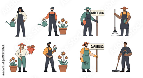 Illustrations of diverse individuals engaged in various gardening activities, including watering plants, raking, and tending to potted flowers.