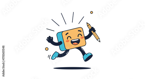 A cheerful, block-shaped mascot character is happily running with a pencil, symbolizing creativity, education, and enthusiastic progress.