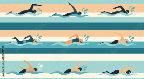 A colorful illustration of diverse swimmers, both male and female, performing various strokes in striped pool lanes, creating a dynamic seamless pattern.