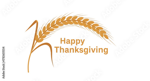 Elegant golden wheat stalk arching over happy thanksgiving text on white background