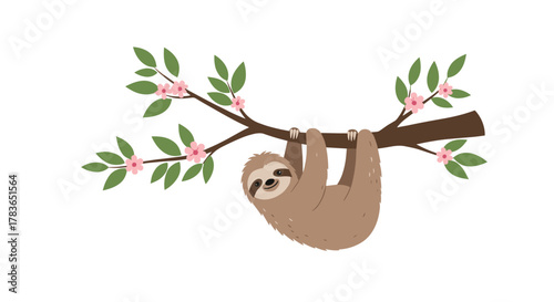 A friendly brown cartoon sloth with a big smile happily hangs upside down from a blossoming tree branch adorned with vibrant pink flowers and lush green leaves.