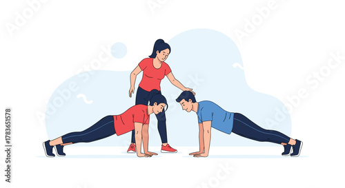 A female personal trainer supervises a man and woman doing planks, providing guidance for proper form during a gym workout.