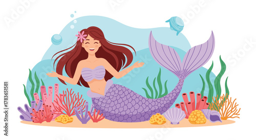 A happy cartoon mermaid with flowing brown hair and a purple tail swims gracefully among colorful coral and marine life on the seabed.