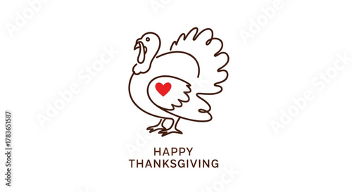 Simple line art turkey with a red heart on its chest and happy thanksgiving text on a white background