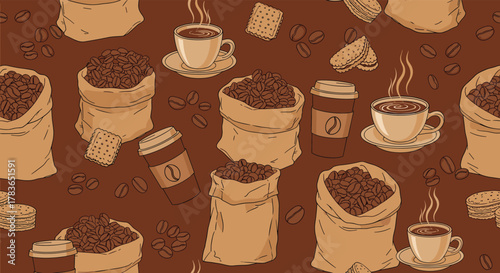 Seamless coffee pattern featuring bags of beans, steaming cups, takeaway mugs, and biscuits on a warm brown background.
