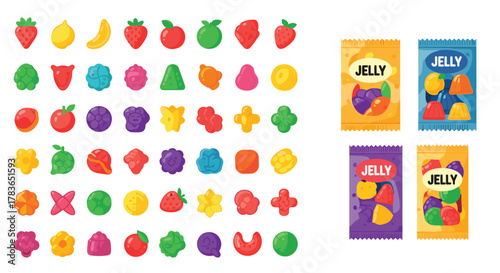 A vibrant assortment of fruit-shaped and abstract jelly candies, presented as flat lay illustrations with various colorful packaging designs.