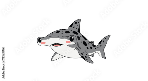 Adorable cartoon hammerhead shark with a grey body, black spots, and rosy cheeks, playfully swimming on a white background.