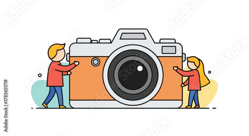 A man and a woman stand alongside a giant camera, symbolizing partnership and the joy of photography and media.