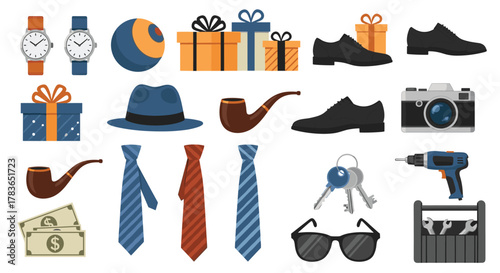 A curated flat lay collection of men's accessories, gifts, and tools, ideal for Father's Day, birthdays, and male-themed content, isolated on white.