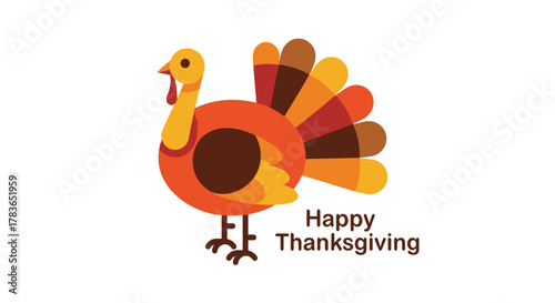 Cute cartoon turkey with colorful tail feathers and happy thanksgiving text on a white background