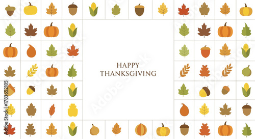 Happy thanksgiving text surrounded by a border of autumn harvest icons including pumpkins acorns corn and fall leaves