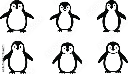 Cute cartoon penguins, funny animal illustration, adorable arctic birds, playful penguin characters, black and white wildlife, children’s design, winter mascot art