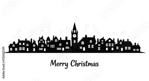 Charming black silhouette of a quaint village with smoking chimneys and a clock tower on a white background with merry christmas text