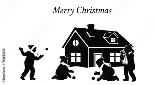 Children playing in the snow and throwing snowballs in front of a house with merry christmas text above
