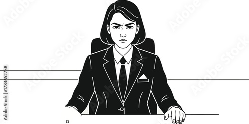 A stern businesswoman in a suit sits at her desk, her brow furrowed in concentration as she stares intently ahead, isolated on white background