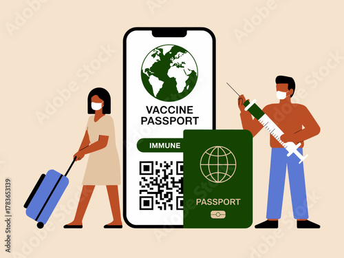 This modern illustration shows a digital vaccine passport featuring a globe, symbolizing global travel and health in today's interconnected world with a focus on safety and compliance.