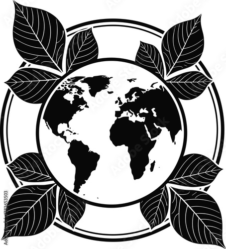 Earth surrounded by leaves, eco planet design, sustainability concept, global environment protection, green energy, nature conservation, ecological awareness, organic harmony