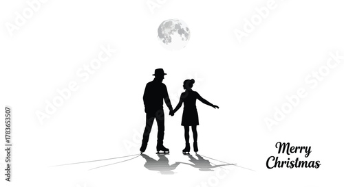 Silhouettes of a couple ice skating hand in hand under a full moon with merry christmas text