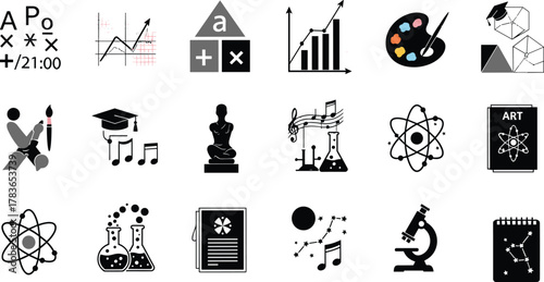 Educational icons set, academic subjects illustration, school learning symbols, science art music math, knowledge diversity, classroom resources, creative teaching design