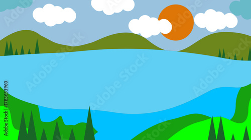 Flat nature landscape with blue lake, green hills, and orange sun under cloudy sky