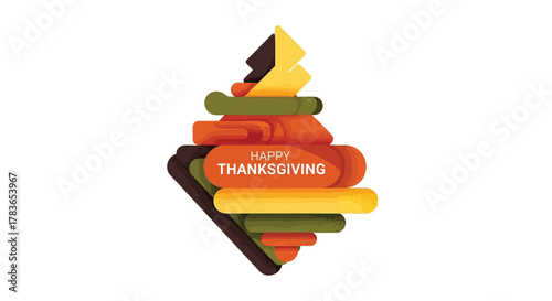 Modern abstract layered design with happy thanksgiving text in warm autumnal colors and white background
