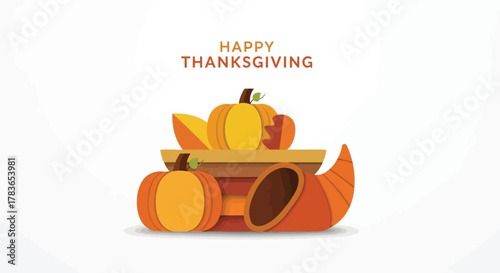 Happy thanksgiving illustration featuring a cornucopia overflowing with pumpkins and autumn leaves on a light background