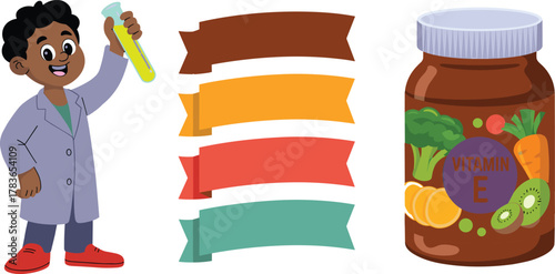 Cad drawing flat vector illustration, cartoon scientist with vitamin jar, healthy food icons, ribbon labels, nutrition education, playful design
