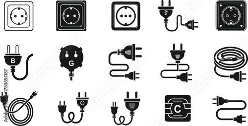 Electrical plug icons, power socket symbols, energy connection set, black and white vector, electricity adapter collection, household outlet illustration pack