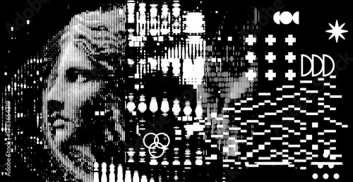 Black-and-white vector illustration blends glitch art with classical sculpture, featuring pixelated lines, geometric shapes, and a fragmented statue face. The theme is digital meets antique.