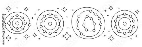 Galaxy system illustration, vector design of cosmic space with planets, stars, and celestial bodies for astronomy and universe projects.