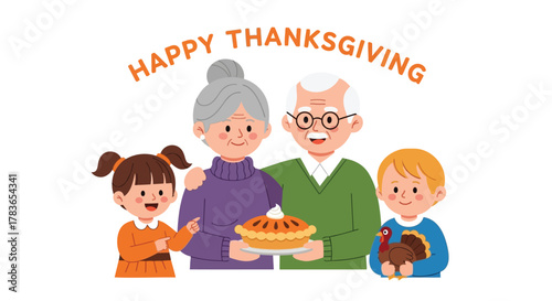 Happy thanksgiving illustration featuring a loving multi generational family with grandparents grandchildren a pie and a turkey