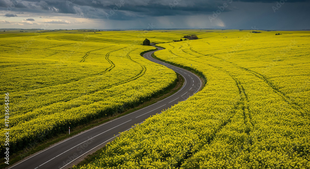 Fototapeta premium Spring Rapeseed Bloom with Rural Road Aerial Photography