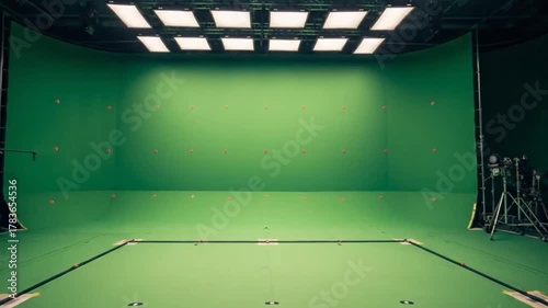 This large green screen studio with lights and tracking markers is set up for film production and advanced visual effects.