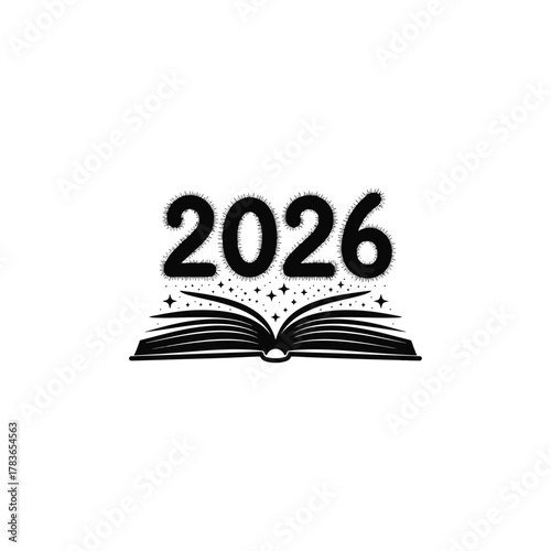 Open book with year 2026 and stars sparkles