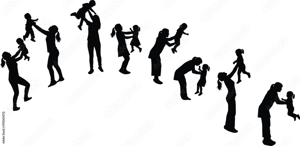 Naklejka premium Family bonding, parent child love, emotional connection, silhouette art, playful moments, nurturing care, happy childhood, black figures, affection, support