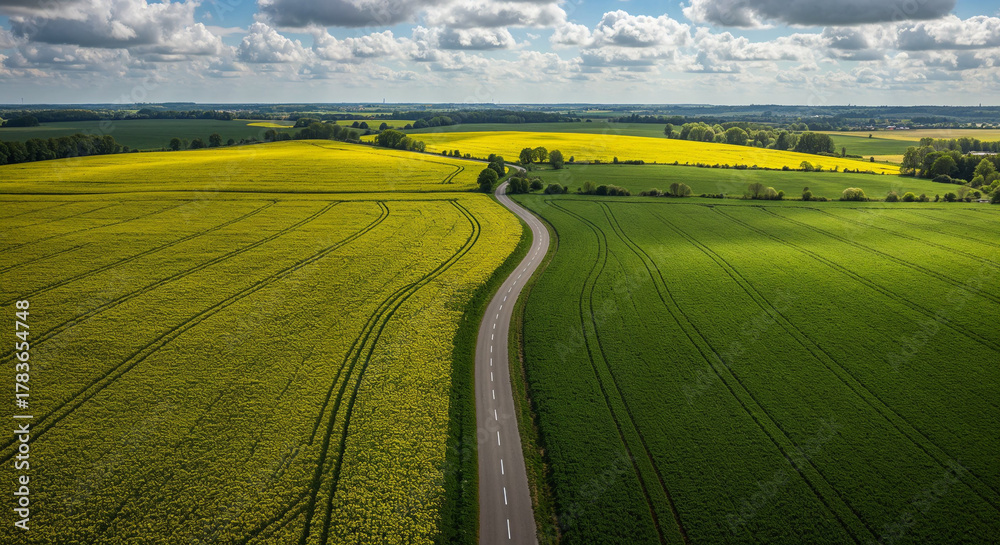 Fototapeta premium Spring Rapeseed Bloom with Rural Road Aerial Photography