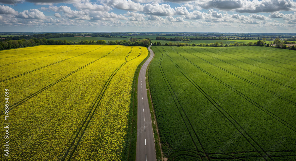 Fototapeta premium Spring Rapeseed Bloom with Rural Road Aerial Photography