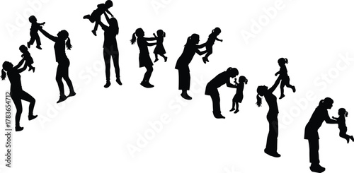 Family bonding, parent child love, emotional connection, silhouette art, playful moments, nurturing care, happy childhood, black figures, affection, support