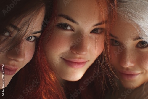 Close-up portrait of three women, showcasing intricate details and warm tones, highlighting their expressions of intimacy and connection.