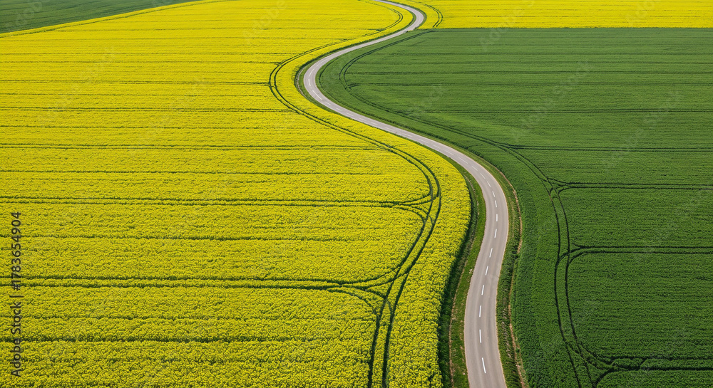 Obraz premium Spring Rapeseed Bloom with Rural Road Aerial Photography