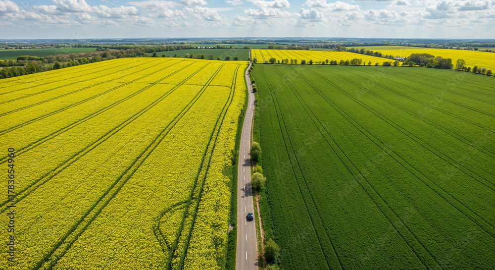 Fototapeta premium Spring Rapeseed Bloom with Rural Road Aerial Photography