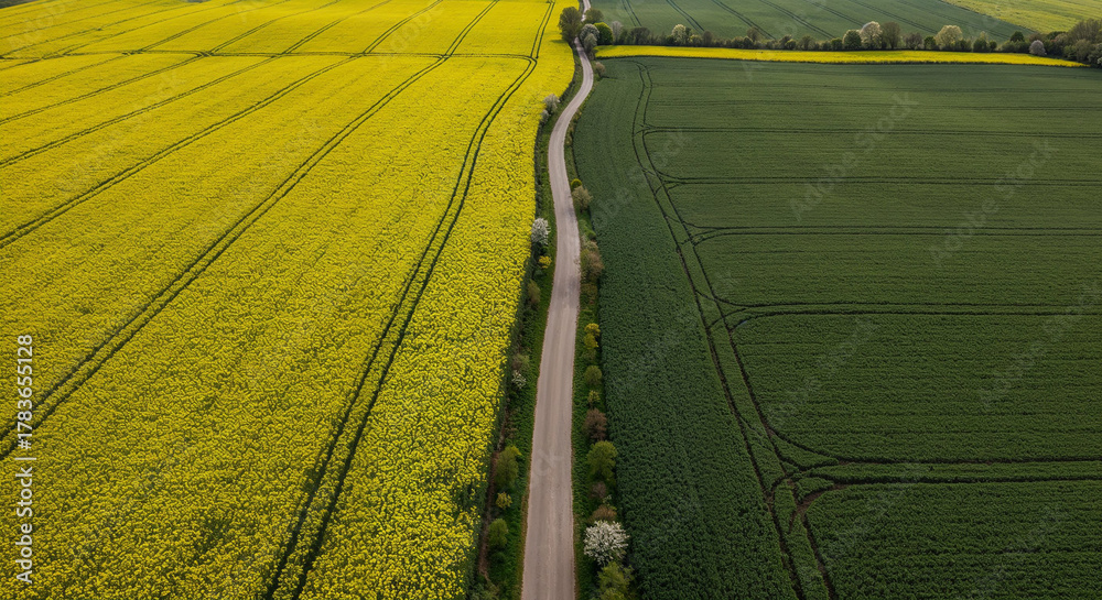 Naklejka premium Spring Rapeseed Bloom with Rural Road Aerial Photography