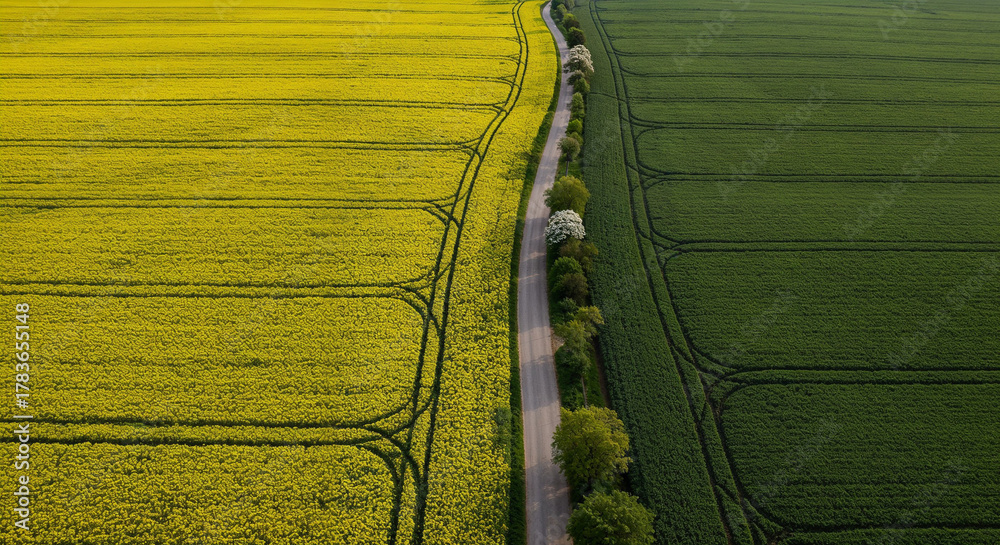 Naklejka premium Spring Rapeseed Bloom with Rural Road Aerial Photography