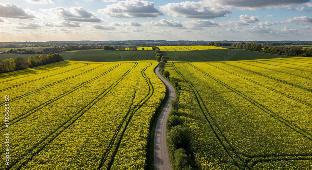 Obraz premium Spring Rapeseed Bloom with Rural Road Aerial Photography